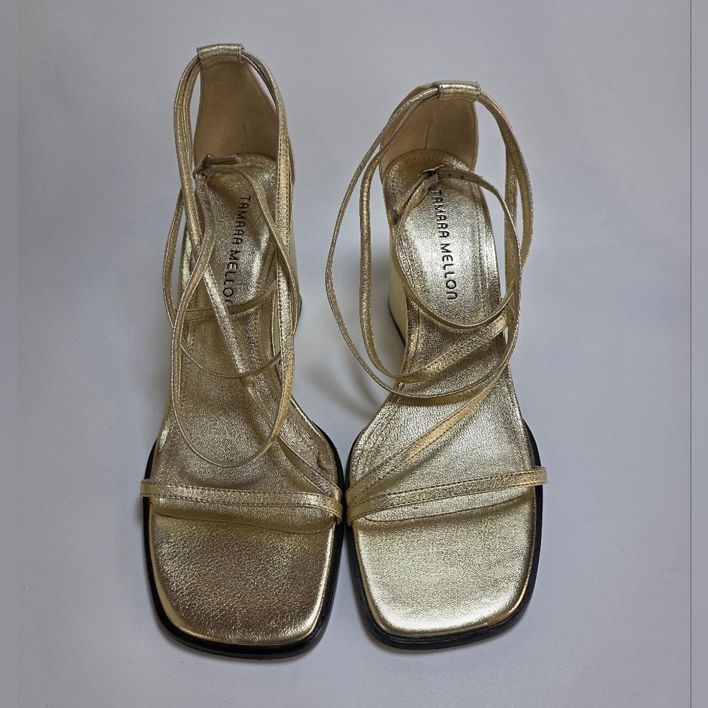 Tamara Mellon Nappa Metallic Gold Strappy Wedge Heels Size 40.5 - Picture 7 of 16